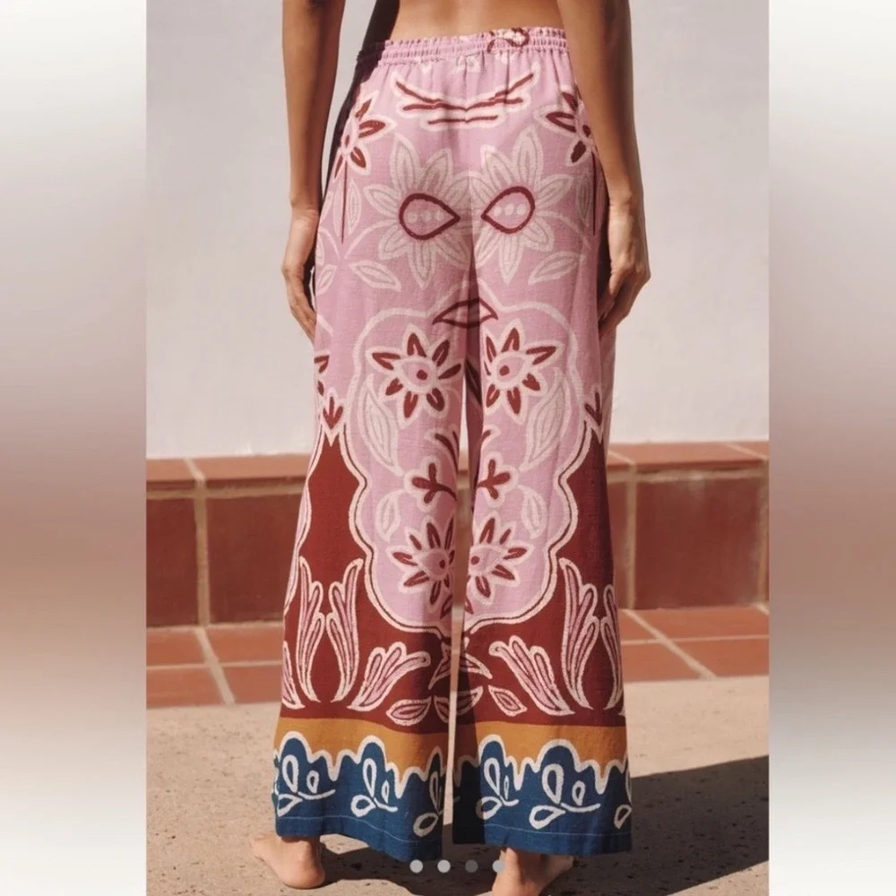 Celandine Pink Floral Woodblock Print Wide Leg Linen Blend Pants Small Boho - Picture 3 of 8